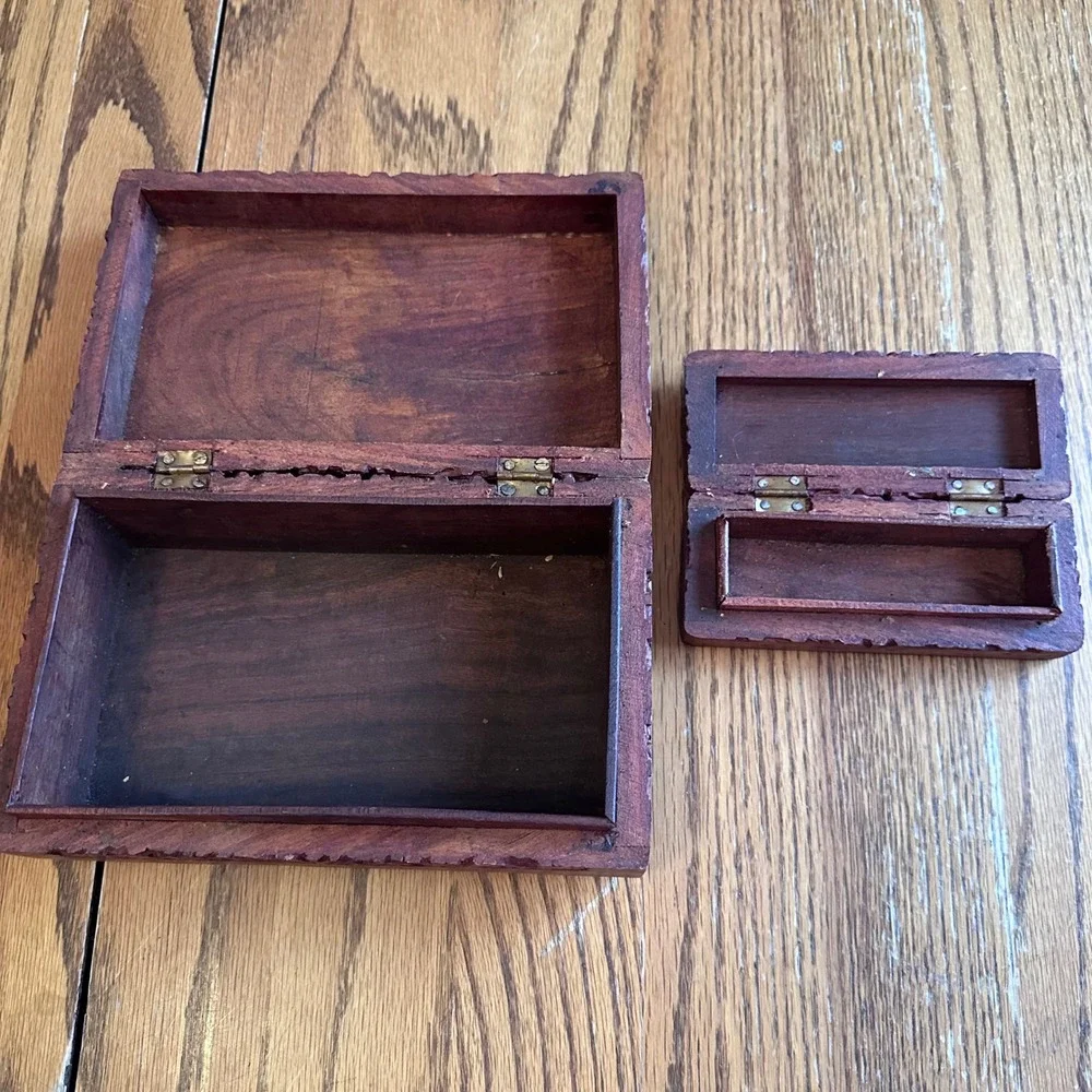 Hand Carved Wood Trinket Box Set 2pc Brown Floral Vine Decor